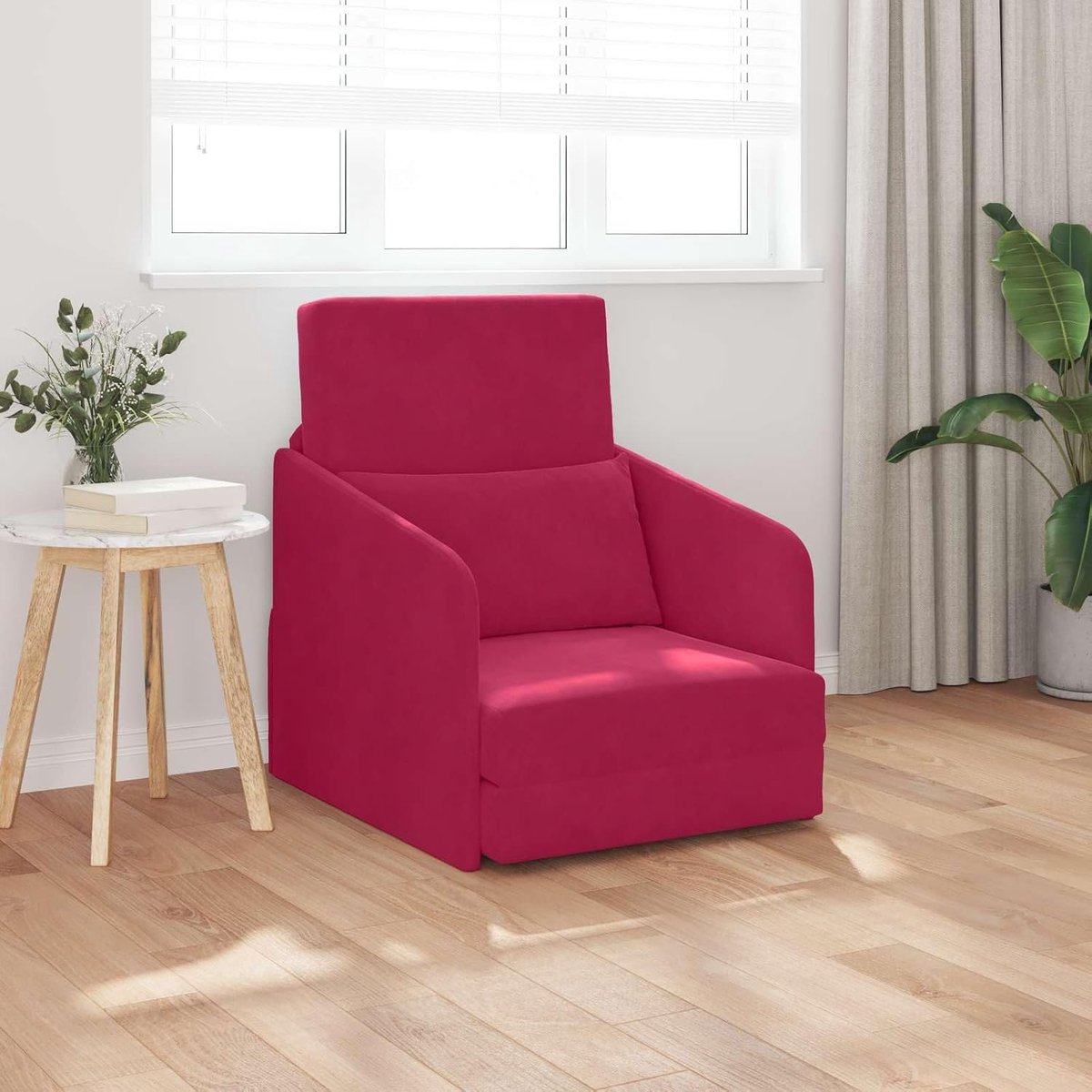 Vloerbed, 65 x 80 x 83 cm, wijnrood, van fluweel, met inrichting ligoppervlak en handmatige converteerbaarheid, voor moderne woonruimtes