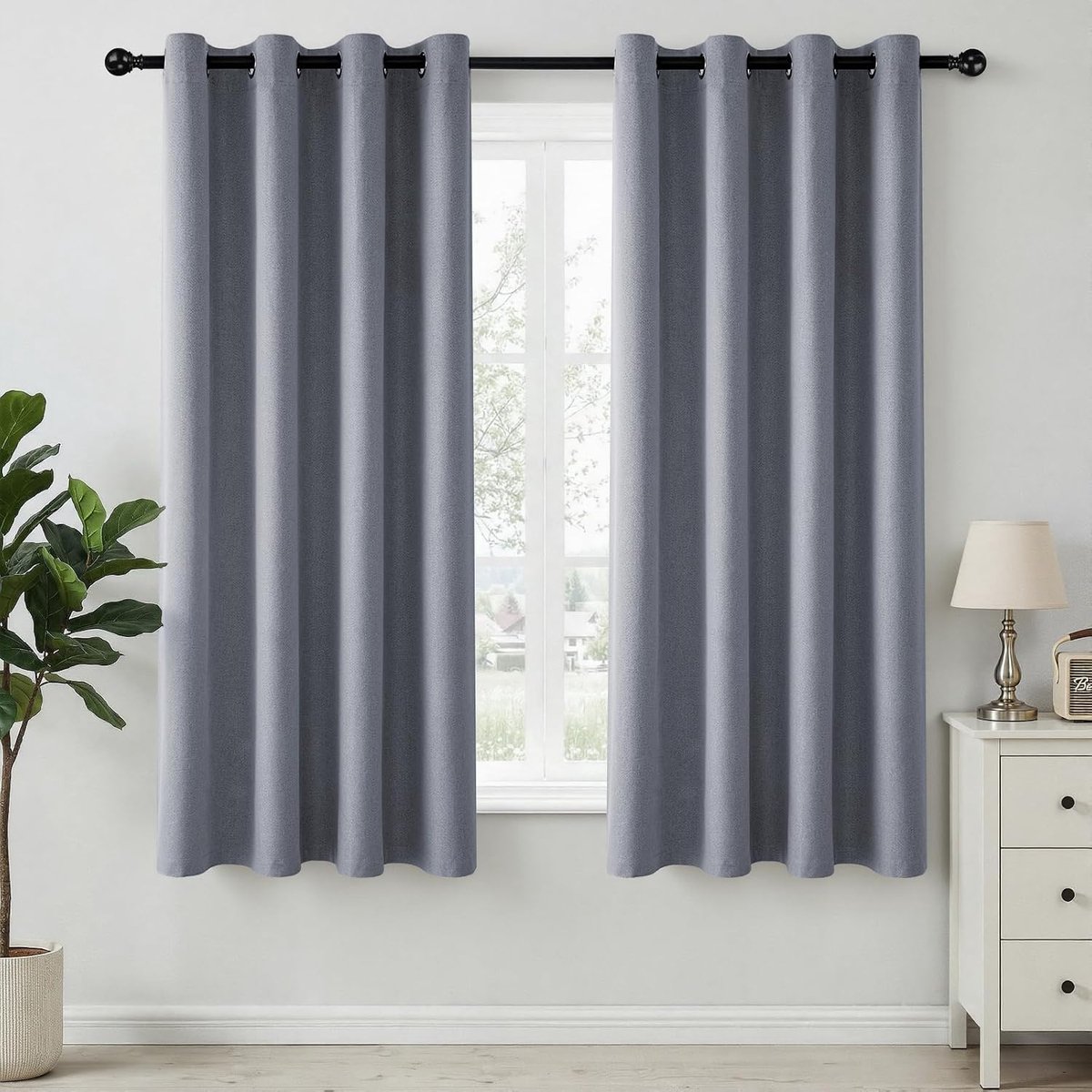 100% verduisterend, linnenlook, H 175 x B 140 cm, Steengrijsblauw thermogordijnen met oogjes, set van 2 voor slaapkamer, woonkamer en kinderkamer