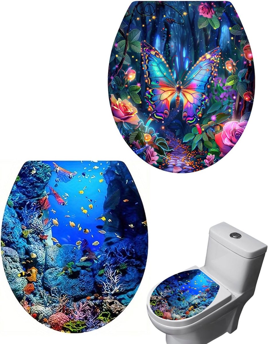 2 stuks stickers voor toilet, zelfklevend, waterdicht, voor toiletdeksel, decoratief, afneembaar, voor wc-bril, wandstickers, badkamerspoelbak, 2 stijlen