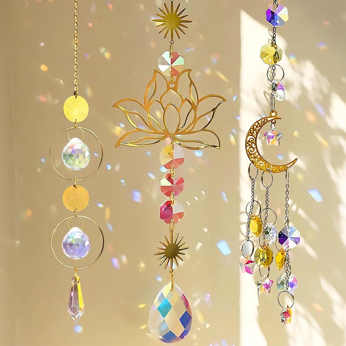 Zonnevanger, kristal, set van 3, zonnevanger, kristal, voor ramen, als lichtvanger en zonnecatcher, elegante Lotus Sun Catcher met glazen prisma, raamdecoratie, windspel voor thuis en op kantoor