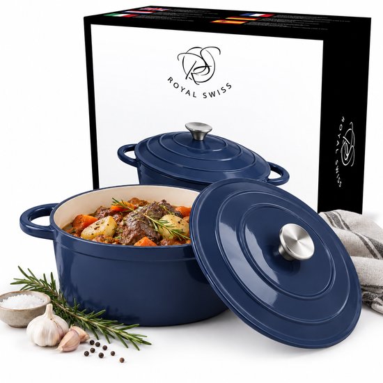 Royal Swiss® braadpan 22 cm–gietijzeren pan–braadpan inductie – Geëmailleerde Gietijzeren Stoofpan – Ovenbestendig Met Deksel blauw
