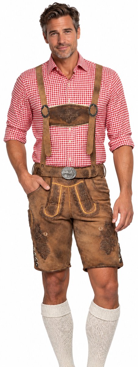 Tannhauser Lederhose Lech Kort met Riem en Bretels 100% Premium Geitenleder Oktoberfest Heren Lederhosen Man Carnavalskleding Heren - Geitenleer - Maat S