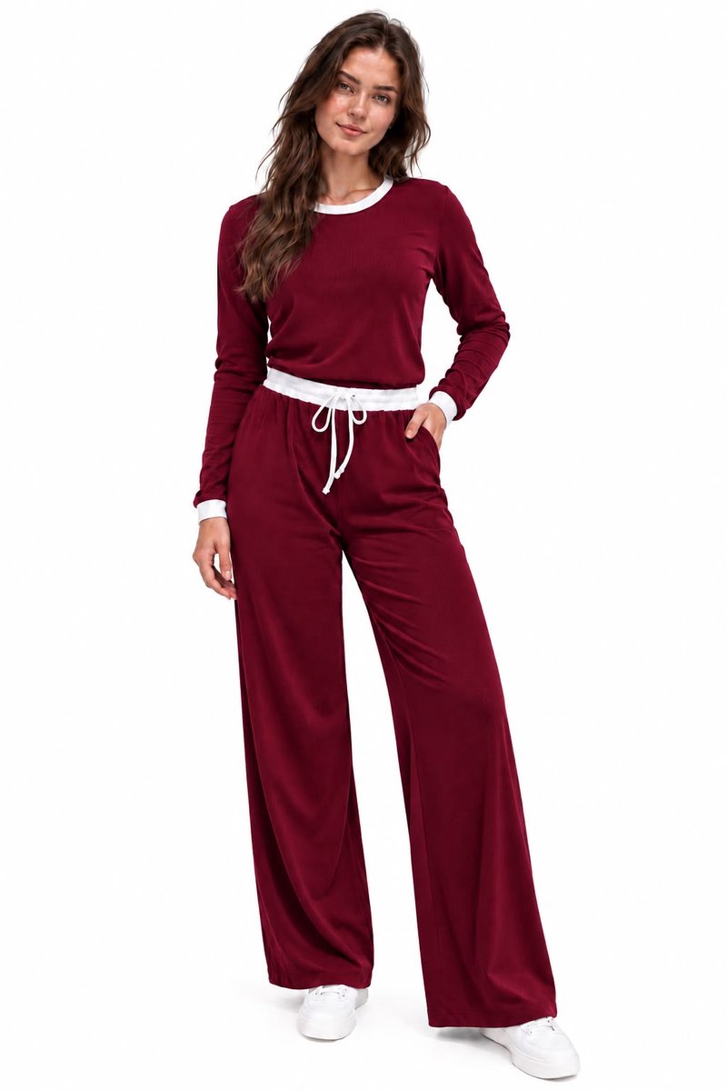 Dames Rib Fluffy Lounge Set-Vrijetijdspak-Huispak-38(M)-NGHP-W26004 Bordeaux