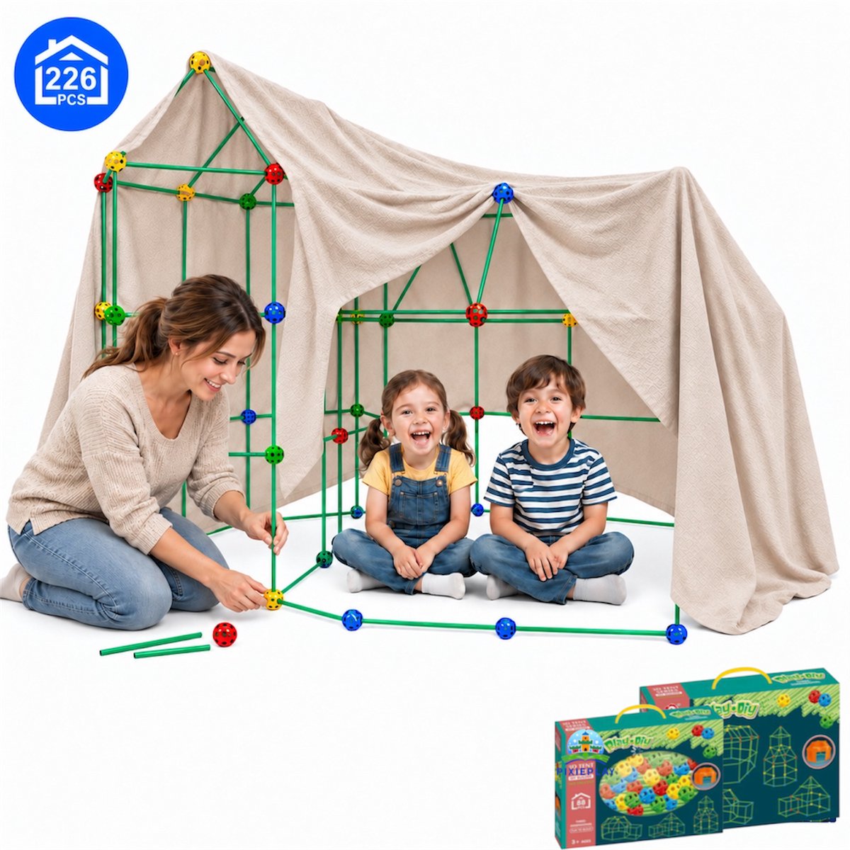 PixiePlay® Fort Bouwpakket XXL - 226 Onderdelen - incl. E-book - Speelgoed - Educatief - Bouw - Montessori - Sensorisch - Speeltent - Hut Bouwen - Speelgoed 3 Jaar - 4 Jaar - 5 Jaar - Kinderspeelgoed