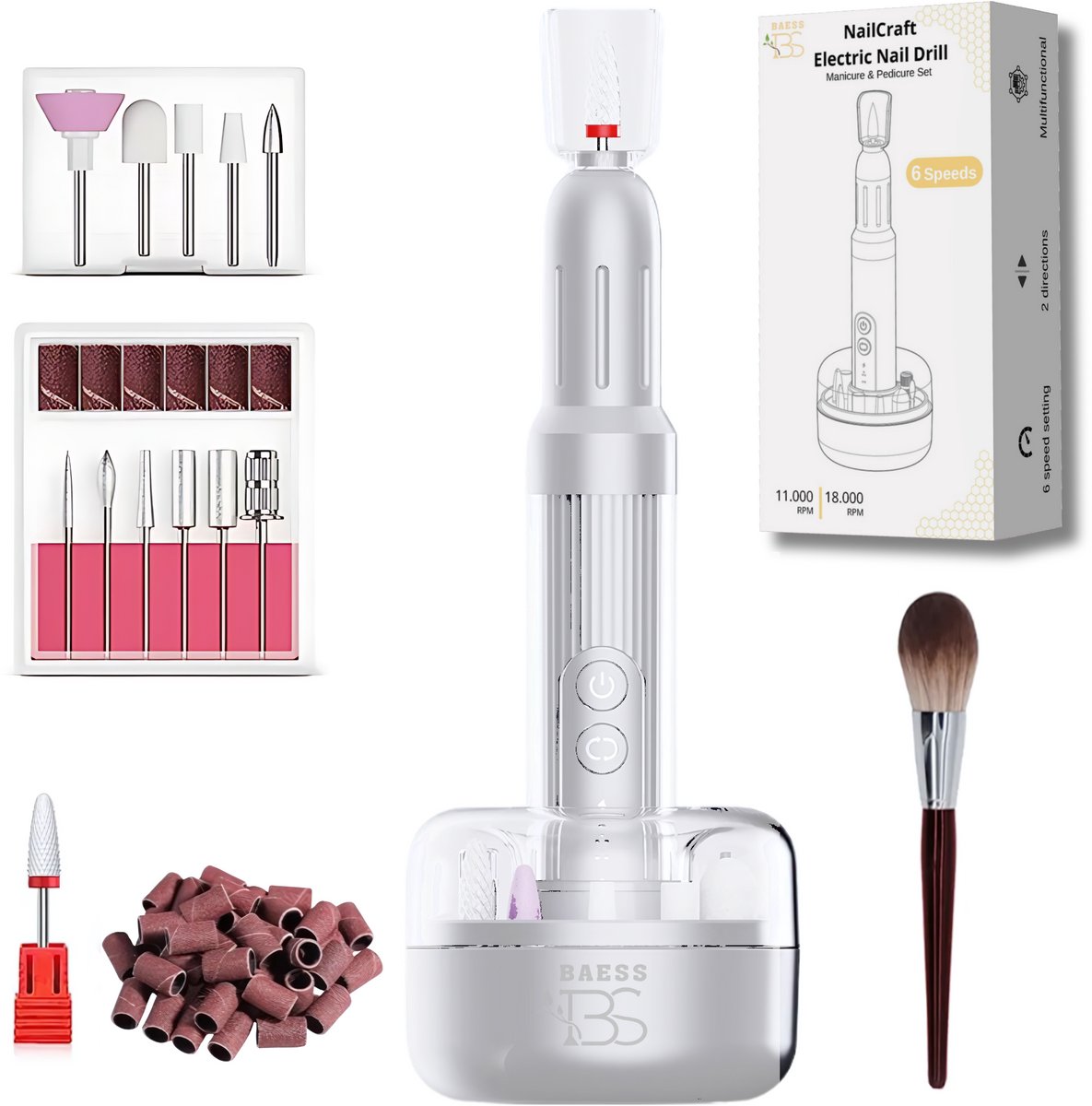 Elektrische Nagelvijl - Draadloze Nagelfrees met Oplaadstation - Manicure en Pedicure set - 12 Bitjes en 35 Schuurrollen - Nail Drill - Wit