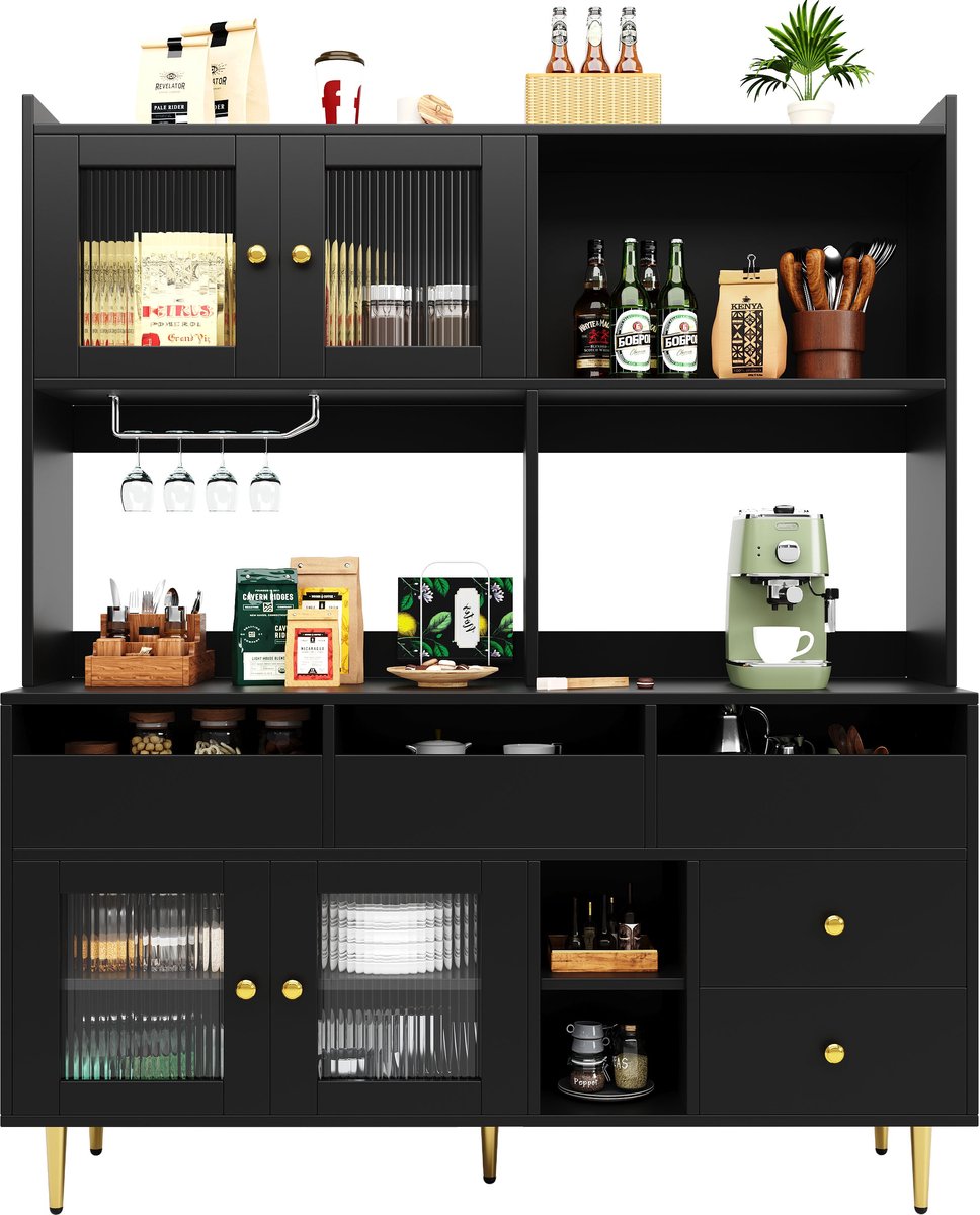 Merax Hoge Kast Voor Eetkamer - Geribbeld Glas - Wijnglazenhouder En Wijnrek - Opbergkast Met Deuren En Lades - Zwart Met Goudaccent - 145 × 39 × 171 Cm