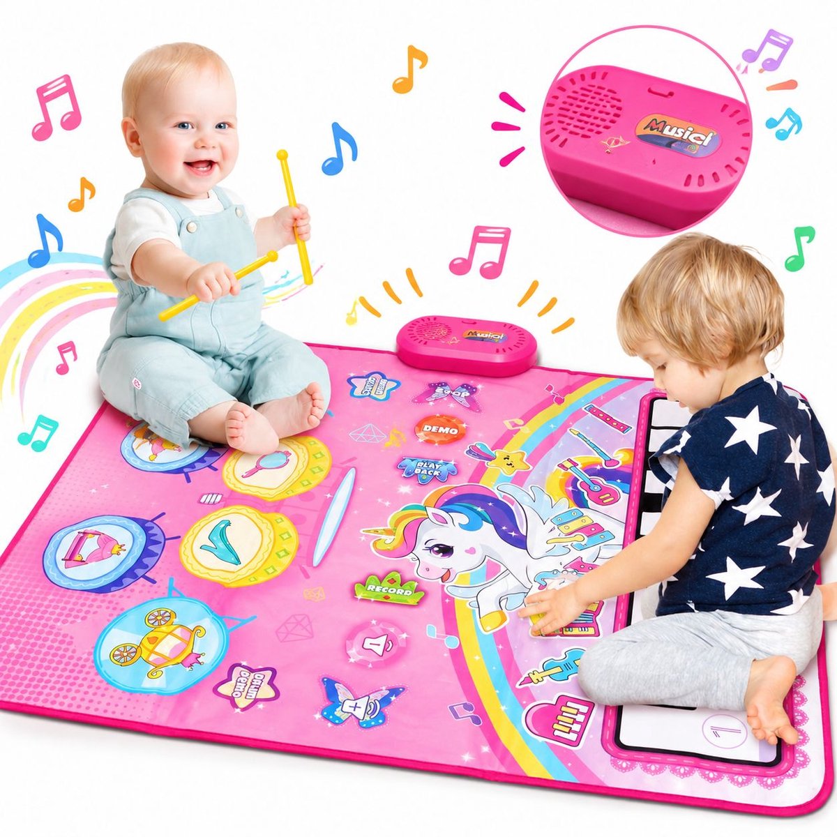 VHV - 3 in 1 Muziekmat - Kinderspeelgoed 3 4 5 Jaar - Dansmat - Pianomat - Eenhoorn touch speelkleed - Pianoklavier & Drumset met 2 Drumstokken - Cadeau Vroeg Educatief Muzikaal Leerspeelgoed - meisjes en jongens