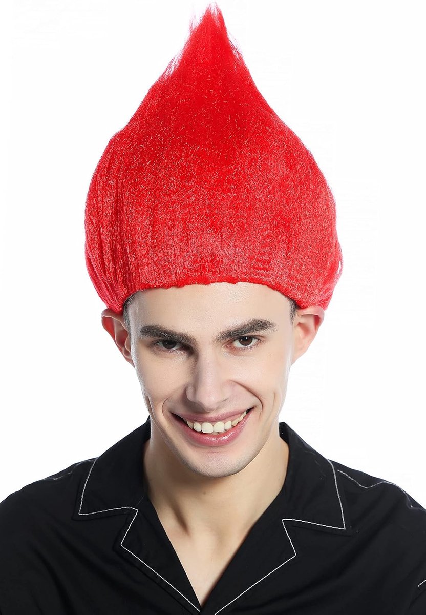Pruik voor dames en heren, Carnaval, Halloween, Rood, Getoupeerd, Troll, Puck, Vuur, Duivel