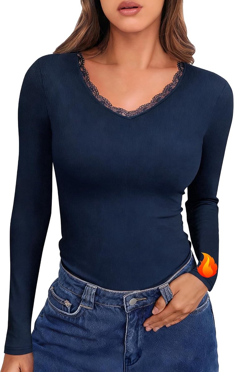 Thermische tops voor dames, lange mouwen, kant, V-hals, basislaag