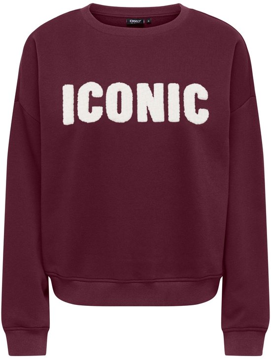 Bordeauxrode trui met ronde hals en witte 'ICONIC' opdruk in pluche textuur.