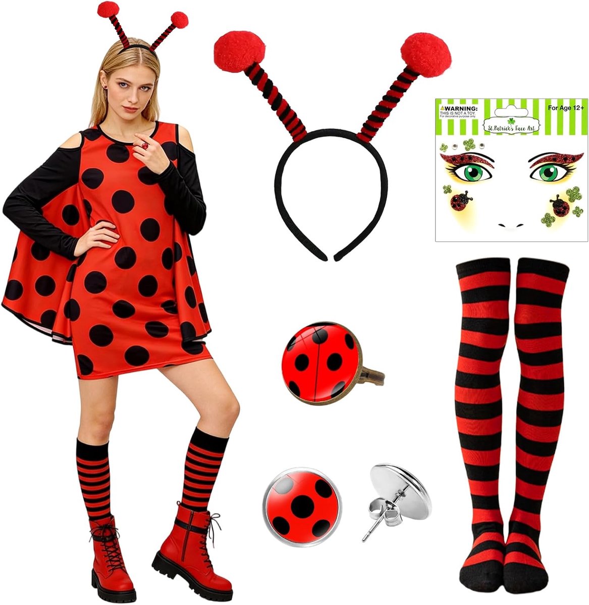 Bijenkostuum voor volwassenen, bijenkostuums voor dames met jurk, haarband, sokken, oorbellen, bril en stickers, accessoires, ideaal voor Halloween, carnaval, cosplay en dieren, themafeesten