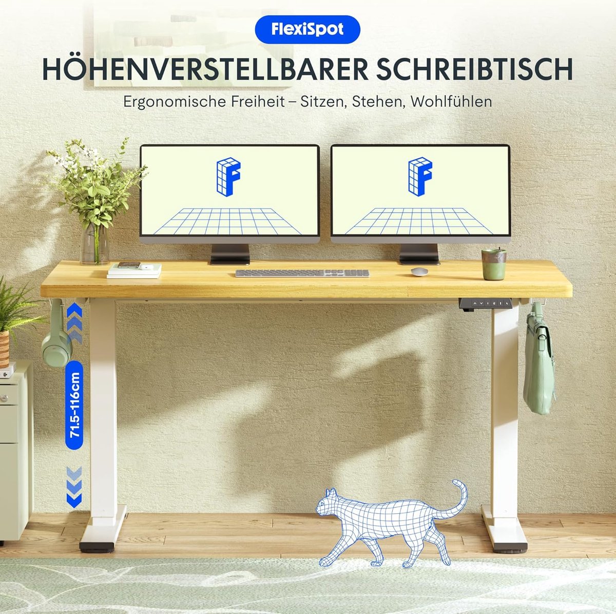 Elektrisch Bureau 160x80 cm – In Hoogte Verstelbaar Zit-Sta Bureau – Medahomestore ErgoLift – Ergonomisch Bureau met Geheugenfunctie, LED Display, Anti-Collision, Kabelbeheer en 25 mm Eendelig Tafelblad – Esdoorn/Moussewit