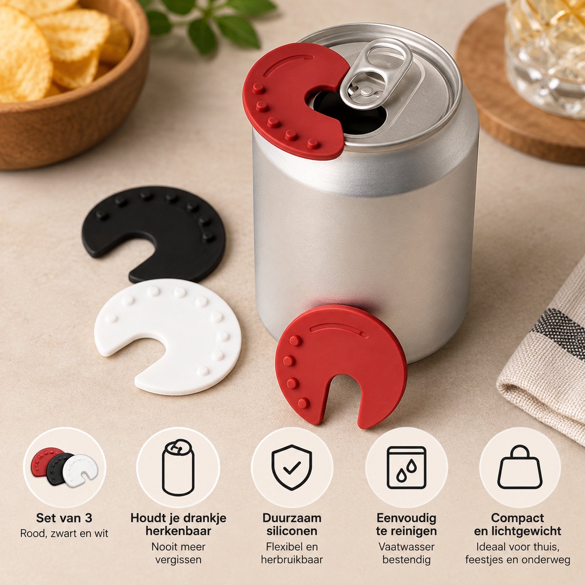AliRose® Drink Can Safe Caps – 3-Pack – Herbruikbare Blik Afsluiters – Anti-Spike Drinkbescherming – Hygienische Blikdeksels Voor Bar, Festival & Café – Drank Veilig Sluiten & Beschermen