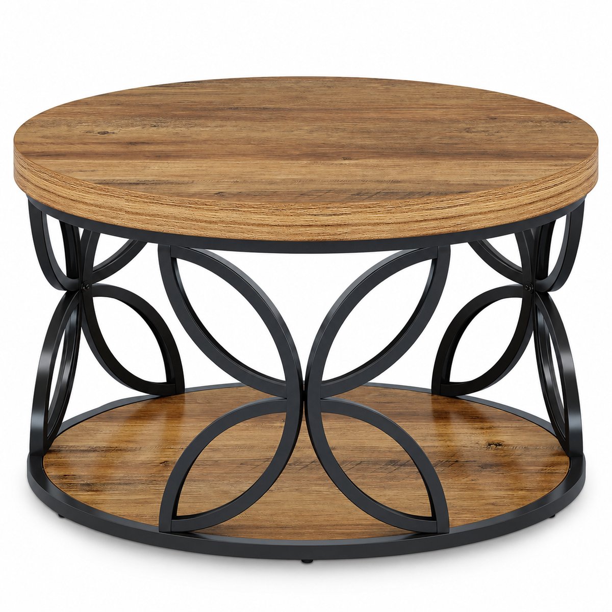 DMG Supply Salontafel - Rond - 2 Niveaus - 80 x 80 x 47 cm - Rustiek Bruin en Zwart - MDF en Metaal