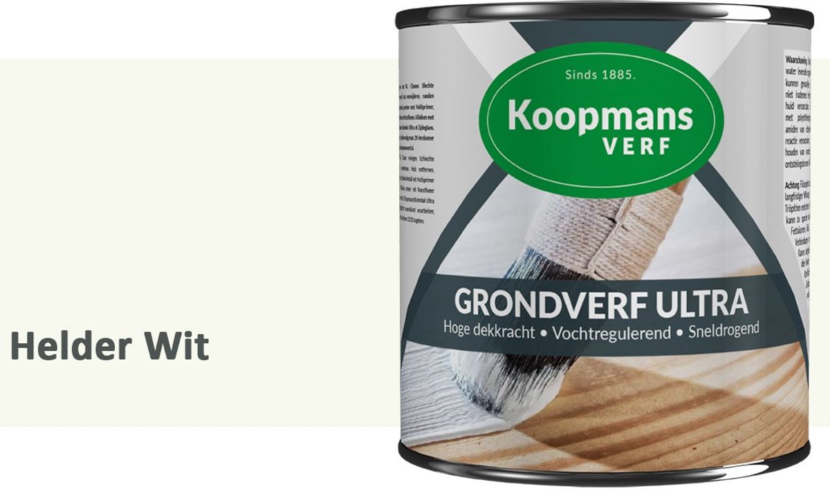 Koopmans Grondverf Ultra – Grondverf Hout & Metaal Binnen en Buiten – Vochtregulerende Primer – Hoge Dekking – Zijdeglans – Helder Wit – 750 ml