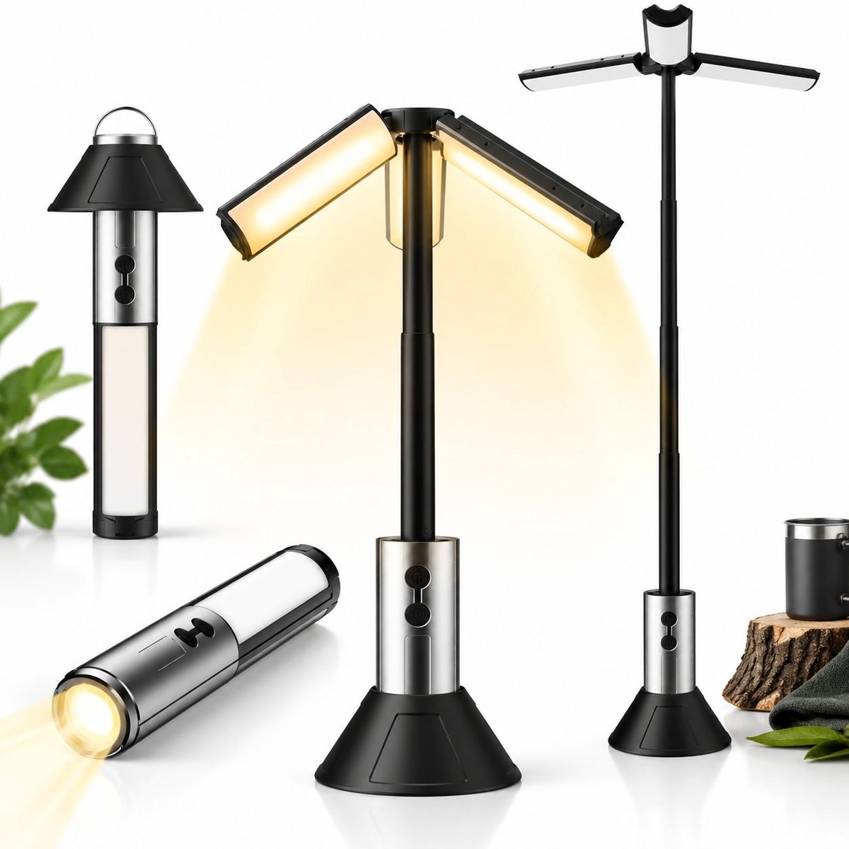 VHV - 5 IN 1 Kampeerlamp Zaklamp Tentlamp Bureaulamp - Multifunctionele - Zaklamp LED Oplaadbaar - Zaklampen - Zaklamp Noodpakket - Camplamp Statief Oprolbaar - Tentlamp Oplaadbaar - Tafellamp - Met Kap & Ophangring