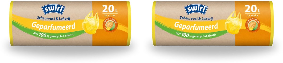 2 x Swirl – Vuilniszakken 20 L – Handvat – Lemon & Melon Geparfumeerd – 25 zakken - Bulkverpakking - 2 stuks