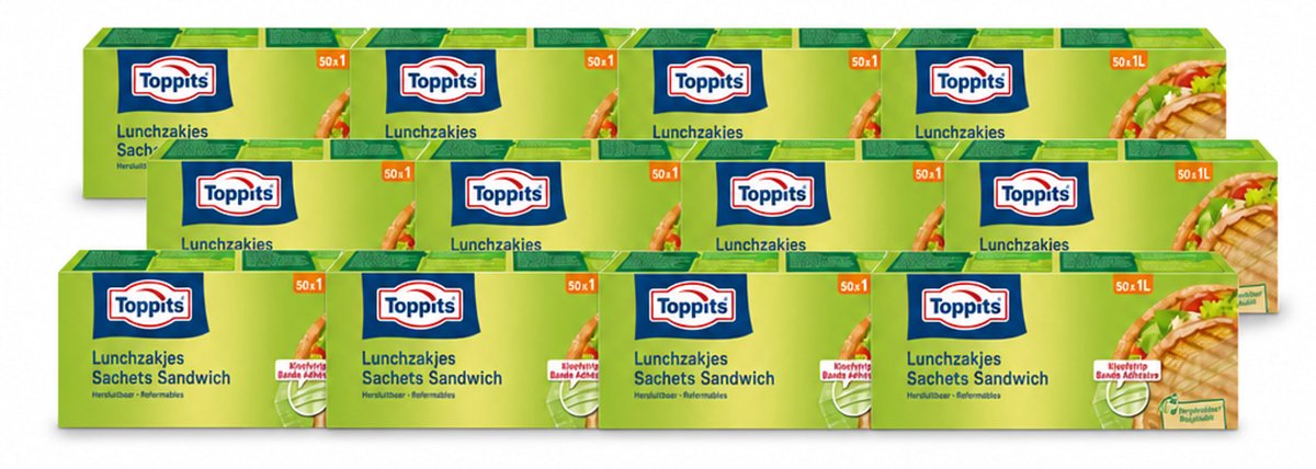 12 x Toppits – Lunchzakjes – Hersluitbaar – 1 Liter – 50 Zakjes - Voordeelverpakking - 12 stuks