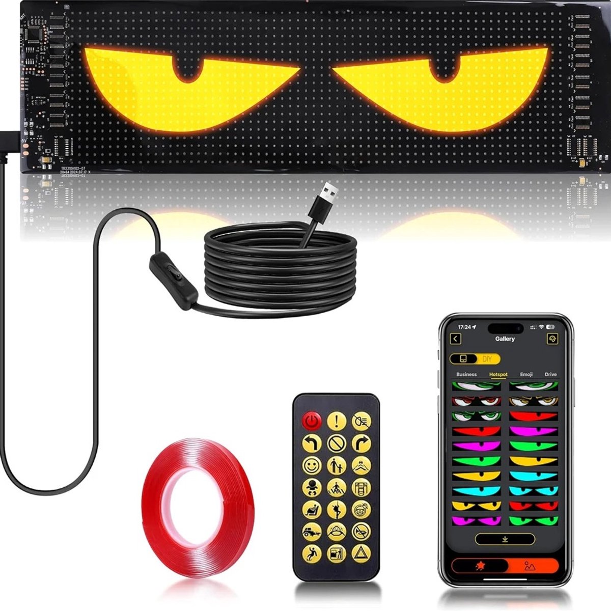 Cherrys Finds - Reclame LED-Bord - LED Display Bord met Scrollende Tekst - Bluetooth App Bediening - USB Aangedreven - LED-Ogen Voor Vrachtwagen En Auto‘s - Display Vrachtwagen Auto