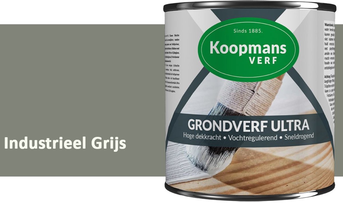 Koopmans Grondverf Ultra – Grondverf Hout & Metaal Binnen en Buiten – Vochtregulerende Primer – Hoge Dekking – Zijdeglans – Industrieel Grijs – 750 ml