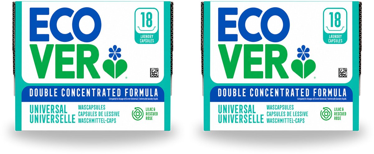2 x Ecover - Wascapsules - Universal - Lilac & Rescued Rose - 18 Capsules - Bulkverpakking - 2 stuks