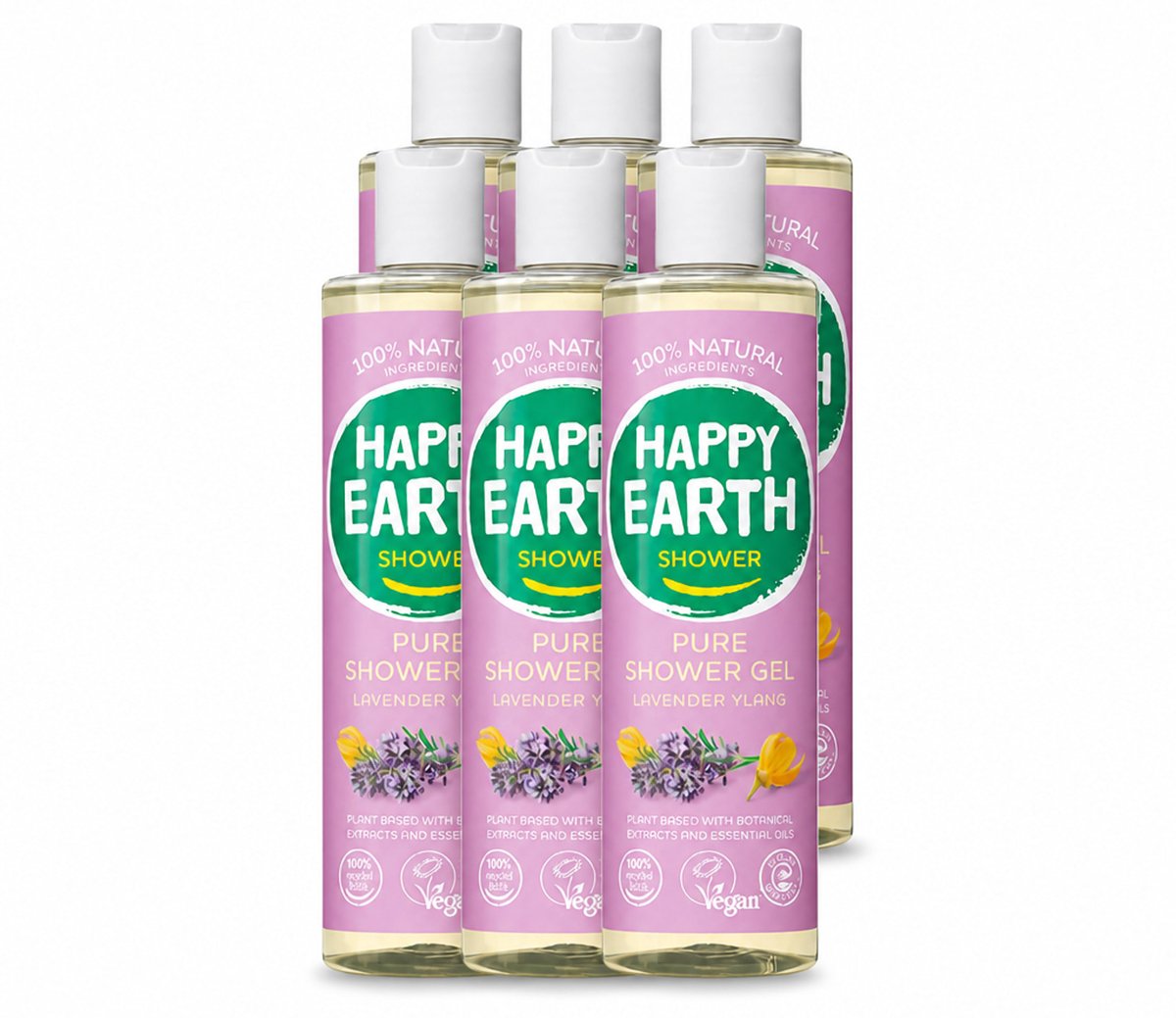 6 x Happy Earth – Douchegel – 100% Natuurlijk Lavender Ylang – 300 ml - Voordeelverpakking - 6 stuks