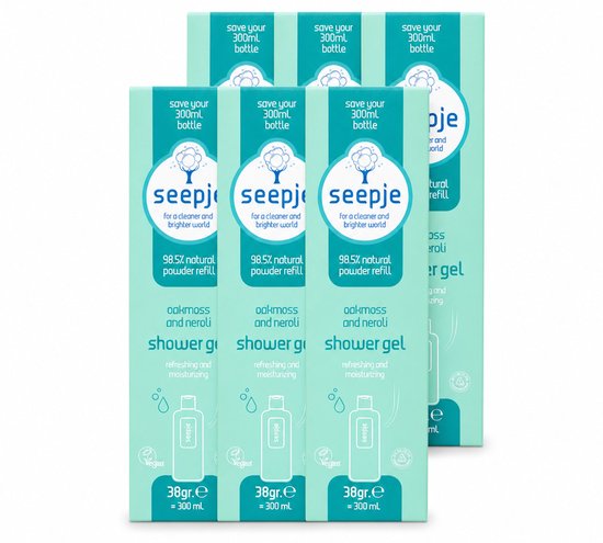 Voordeelverpakking van zes Seepje douchegel navullingen. Lichtgroene verpakking met eikenmos en neroli, 98.5% natuurlijk, 38gr.