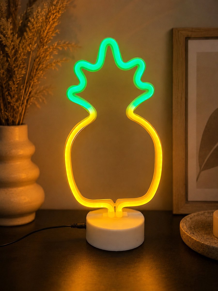 ZoeZo Neon Wandlamp Ananas - Neon verlichting - Sfeerverlichting - LED lamp - Neonlicht - Neon Sign - USB - Geel/ Groen