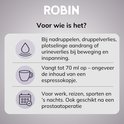 Voor wie is Robin? Iconen voor druppels, kopje koffie en agenda met tekst over druppelverlies, absorptie tot 70ml, werk, reizen, sport.