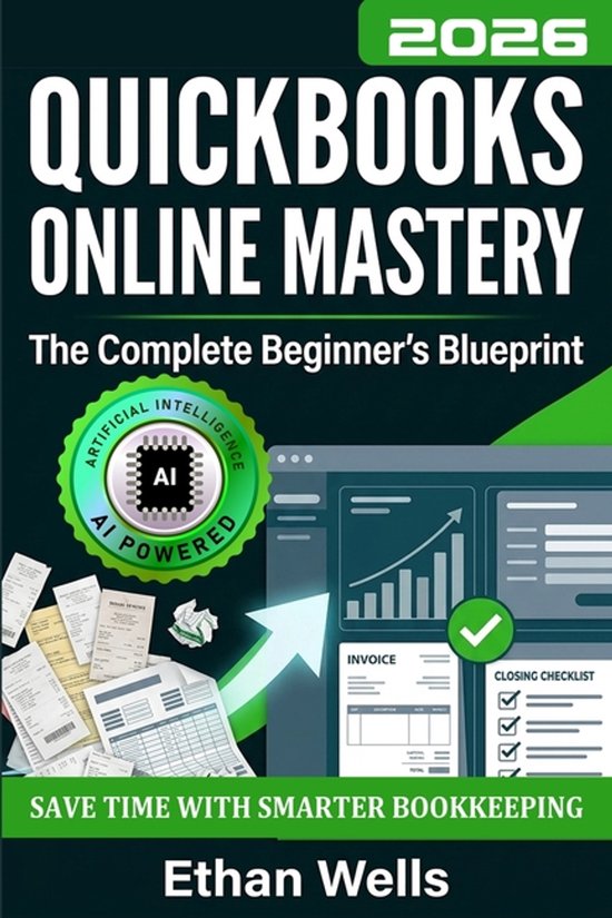 Boek "QuickBooks Online Mastery: The Complete Beginner's Blueprint" met "AI Powered" logo en financiële grafieken.