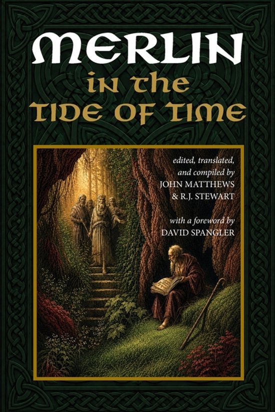 Boekomslag van 'Merlin in the Tide of Time' met een illustratie van een oude wijze in een bosrijke omgeving.