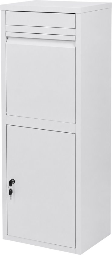 Witte staande Bunnybox pakketbrievenbus met slot en twee sleutels in de onderste deur.