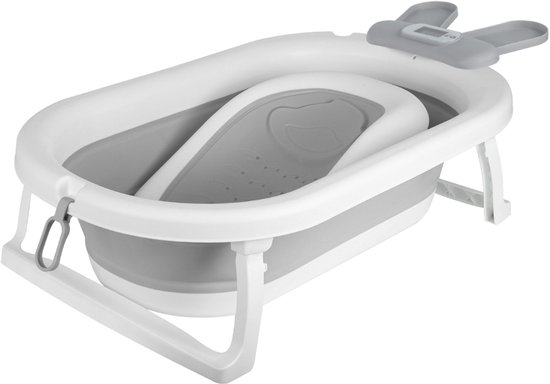 PIPIPOXER- Opvouwbaar babybadje - Babybad - met digitale thermometer en badstandaard en shampoo kapje - Peuterbad -Cadeaus geven - Grijze konijn — afbeelding 4