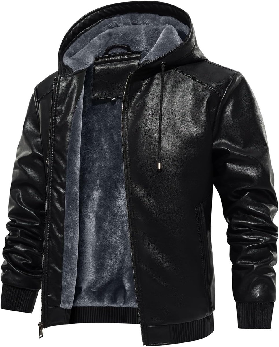 Winterjas voor heren, lederen jas, warm gevoerd, kunstleren jas met capuchon, winddicht, outdoor, motorjas met ritssluiting