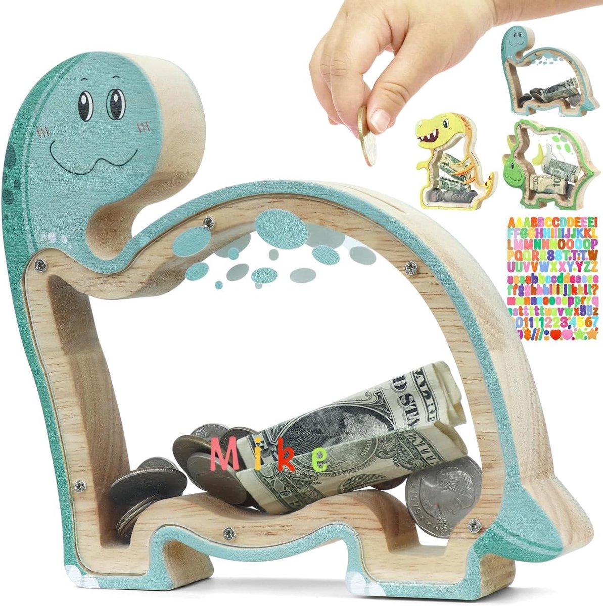 Spaarpot voor kinderen van hout Spaarpot Dino, Spaarvarken Doorzichtig voor kinderen, Sparbox Gepersonaliseerd (Brachiosaurus en Stickers)