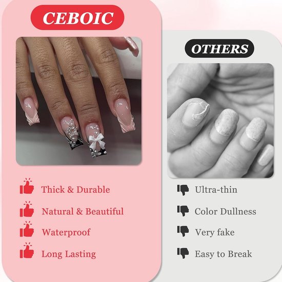 24 stuks 3D handgemaakte kunstnagels om op te plakken, roze French Press on nagels, lange vierkante acrylnagels, volledige cover kunstnagels met strik, parelhart, glanzende kunstnagels voor vrouwen en — afbeelding 3
