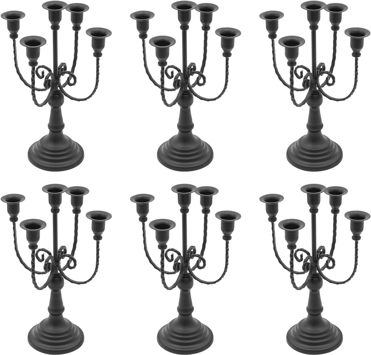 6 stuks kandelaars 5-armig metalen ijzeren kandelaars voor staafkaarsen, kandelaar voor kegelkaarsen, feest, bruiloft, tafel, middenstukken, decoratie (zwart)