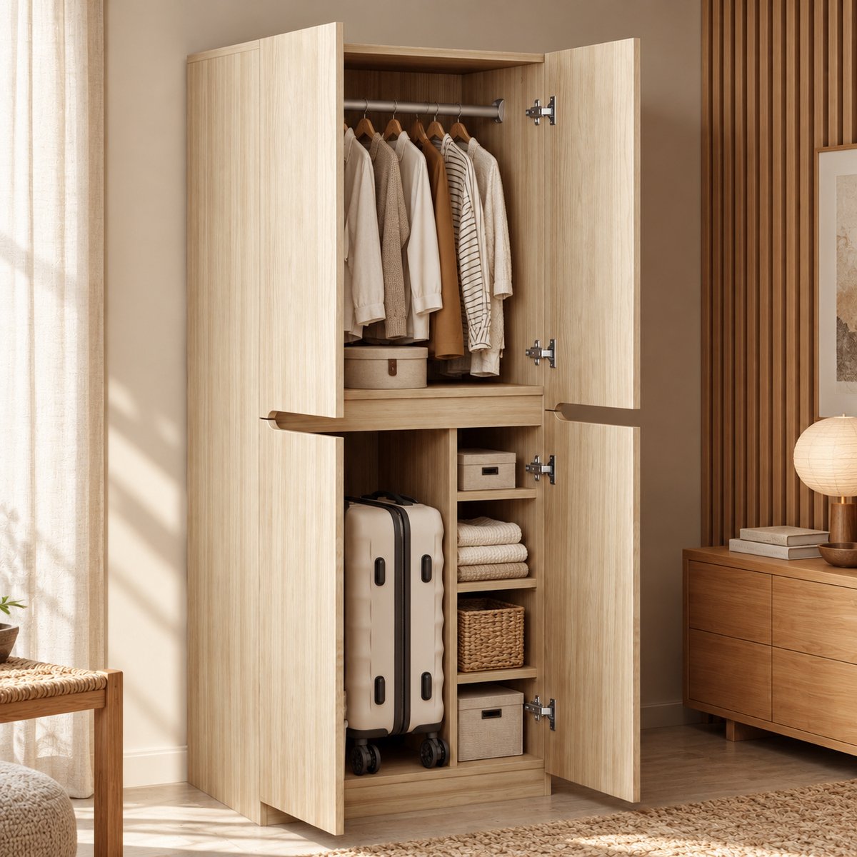Welltin Kledingkast - Kledingkast Opbergo - Kledingkasten Slaapkamer - Garderobekast - Opbergkast - Met opbergvak - Met Hanggedeelte - 170x70x40 cm - Dubbele deur design - Natuurlijke houtkleur