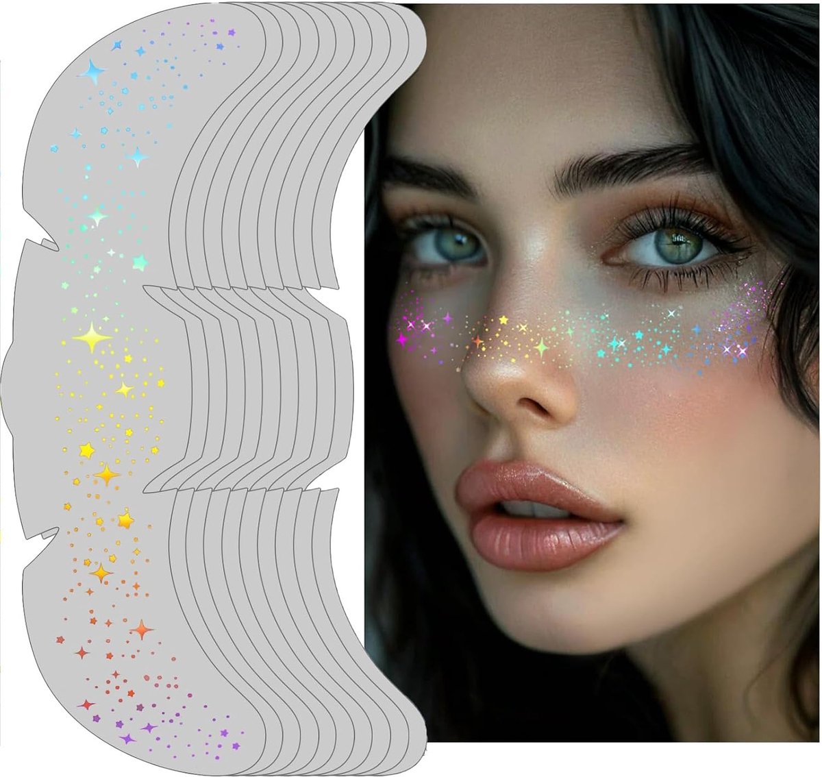 Tijdelijke tatoeages voor gezicht, kleurrijk, holografisch glitterend gezicht, schattige make-up voor vrouwen, meisjes, party, Halloween, festival, rave, 6 stuks