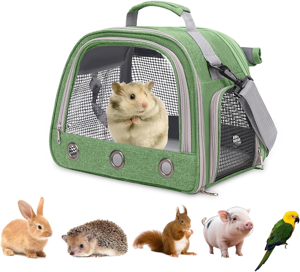 Draagtas voor huisdieren,Draagtas voor kleine dieren, 35 x 25 x 23 cm, reistas voor huisdieren, draagbare transportkooi voor kleine vogels, ratten, hamster,Groen