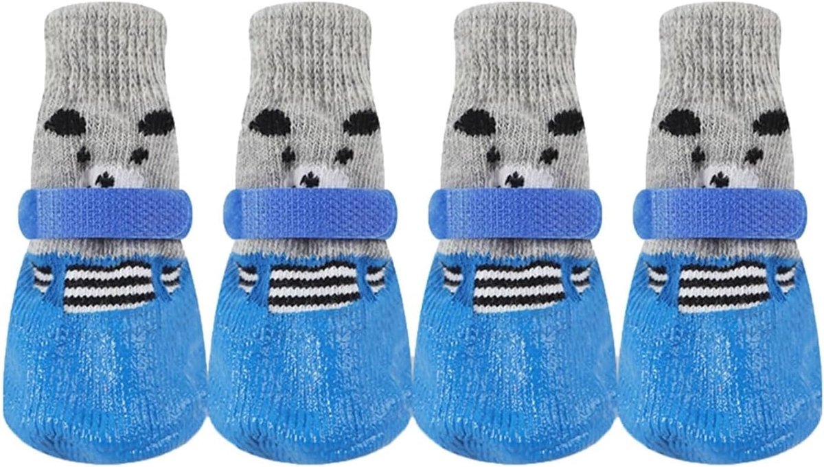 Hondensokken met antislipzolen - ademende huisdierschoenen voor binnen en buiten, verstelbare klittenband (set van 4) (blauw)
