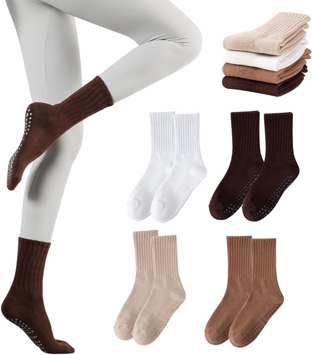 Sokken, 4 paar damesstoppersokken met noppen, antislipsokken yogasokken voor dames antislipsokken pilatessokken voor pilates, yoga, dans, ballet, vechtsporten, trampoline, revalidatie