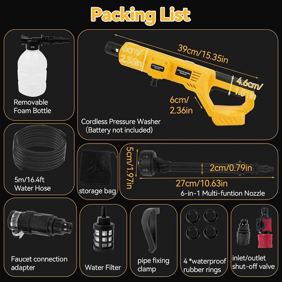 Accu-hogedrukreiniger voor Dewalt 20 V batterij, 21000 RPM 1000 PSI draagbare handstofzuiger met 6-in-1 mondstuk en schuimpot voor autohek, vloer, tuinreiniging (geen batterij) — afbeelding 5