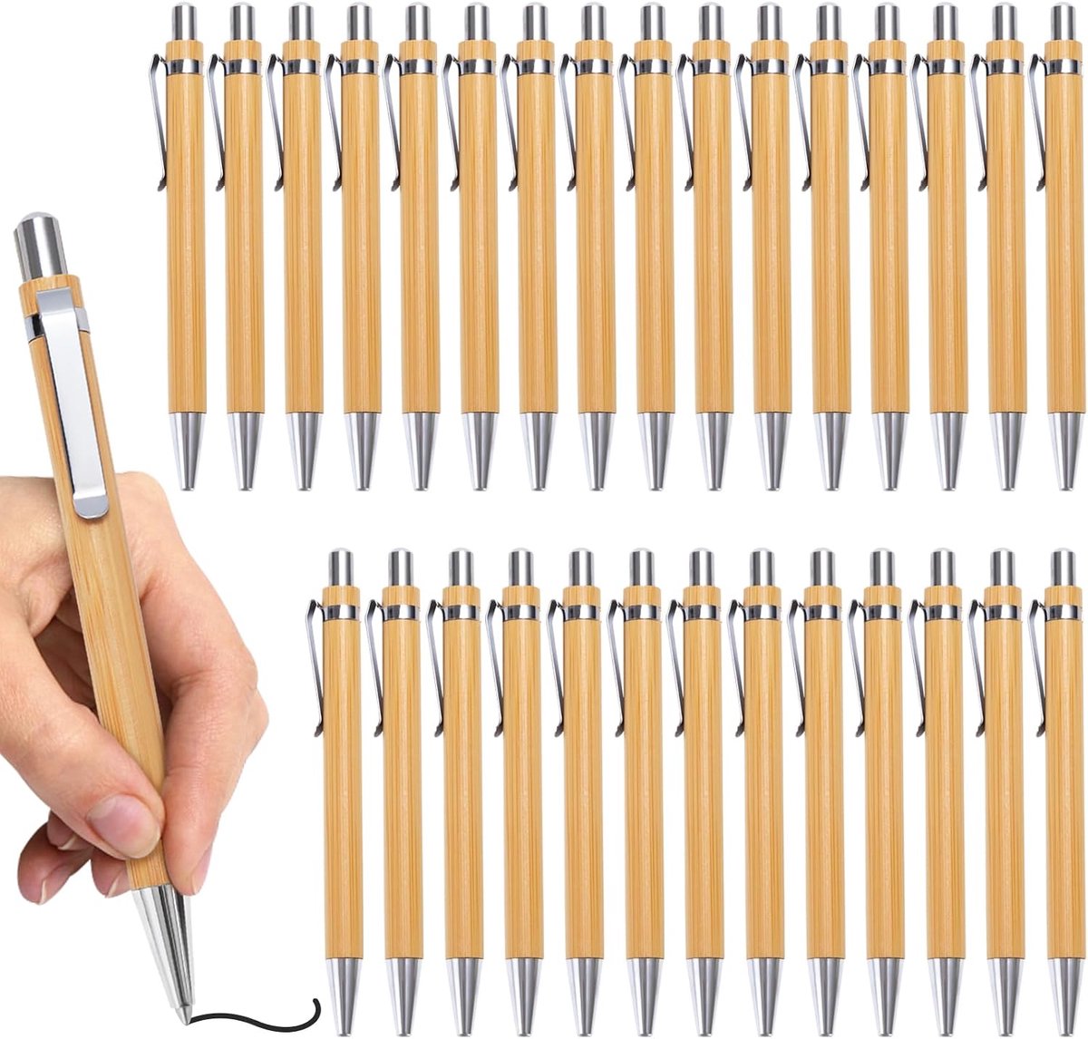 Balpen, 30 stuks, intrekbaar, van hout, duurzaam, modieuze pen voor dagelijks gebruik op kantoor, familie, school, medium punt (1,0 mm, zwarte inkt)