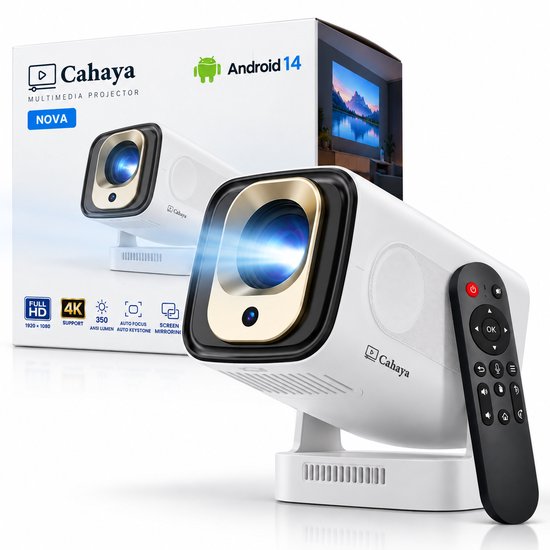 Cahaya Nova - Mini Beamer - 4K ondersteuning - mini projector - draagbare beamer - projector / beamer - Geïntegreerd Android 14.0 systeem - Screen mirroring smartphone - Home cinema