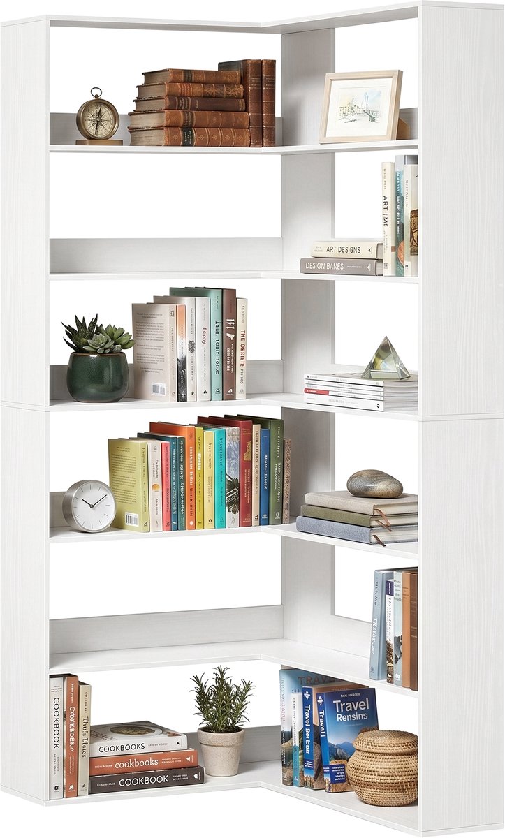 TEKROA® Boekenkast - Boekenkasten - met 7 planken - L-vormige hoekboekenkast met antislip achterrand - 87.2W x 22.1D x 28.6H cm -wit