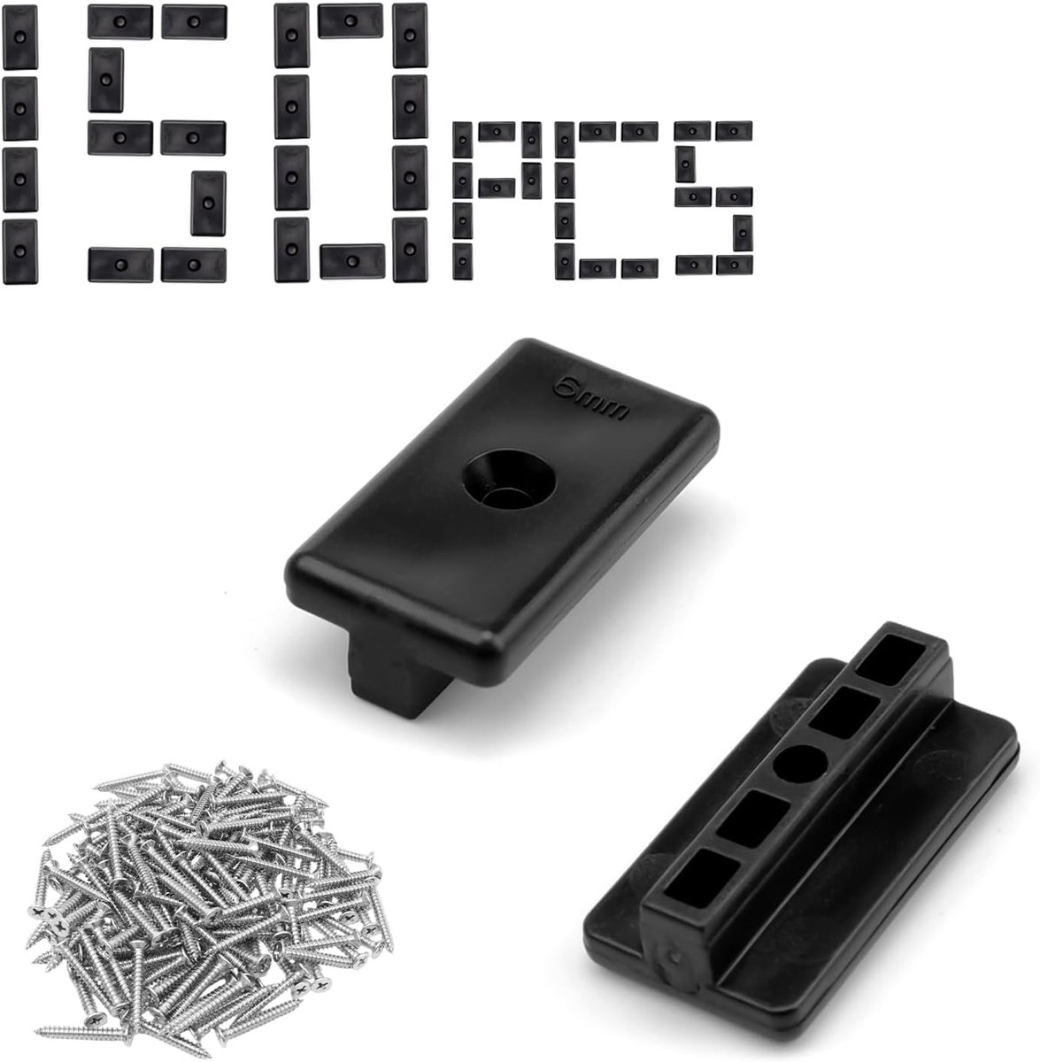 150 stuks terrasclips voor WPC-vloeren, 6 mm T-clips, verborgen bevestiging, met schroeven, kunststof, zwart
