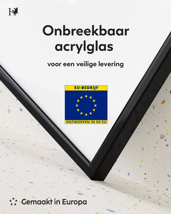 Zwart frame met onbreekbaar acrylglas en EU-ontworpen kwaliteitslabel. Gemaakt in Europa.