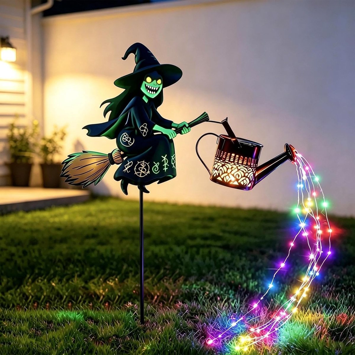 Halloween-tuinverlichting met heksenmotief (op prikker) – Kleurrijke tuindecoratie van een vliegende heks – Waterdichte decoratieve LED-verlichting – Geschikt voor gazons, tuinen, tuinpaden, feestjes thuis, schoolevenementen en spookhuisdecoraties