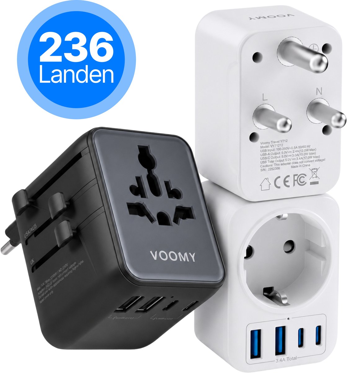 Voomy Reisstekker Set 236 Landen - Wereldstekker Universeel + Type M Zuid-Afrika - 5x USB-C & 4x USB-A - 28W - Geschikt voor UK, USA, Azië & Europa